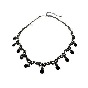 Black Beaded Chain Necklace With Dangling Charms Rhinestone Bows Dainty Goth 19"